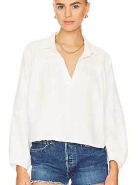 Free People White V-Neck Collared Tunic Top